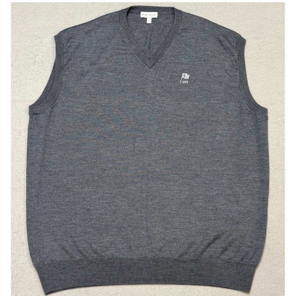 PETER MILLAR Merino Wool V-Neck Golf Sweater Vest Mens XL Gray Flag Logo ME0S00